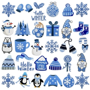 Christmas Winter Theme Embroidery Patches Blue White Snowflake Snowman Penguin Cloth Applique Iron On DIY Clothing Decor