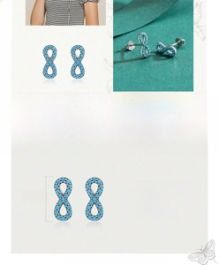 Detailed view of S925 sterling silver infinity earrings with turquoise stone and dimensions
