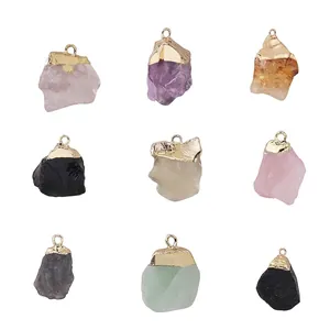 Natural Irregular Rough Stone Pendants With Gold Plated Copper Edge Amethyst Citrine Gemstone Energy Crystal Charms
