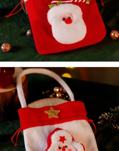 Detailed view of handmade Christmas apple gift bags with 3D Santa and knit textures