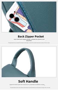Detail of dark green backpack with anti-theft back pocket and soft leather handle