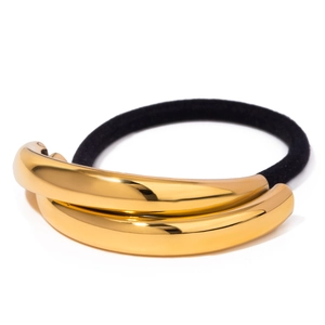 Detailed view of high-elastic black hair tie with polished gold stainless steel accent