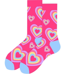 Colorful mid-calf socks with layered heart patterns in vibrant pink and pastel tones