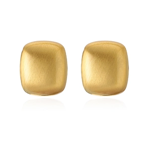 Detail showing the brushed metal texture of square gold-plated geometric stud earrings