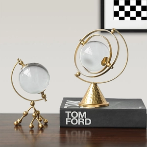 Nordic Light Luxury Abstract Iron Crystal Ball Ornament Geometric Metal Frame Desktop Decor Glass Sphere Home Office