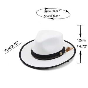 White wool fedora hat with black band and tassel detailing, size 56-58cm brim 7cm