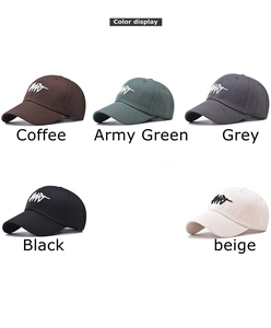 Detail of five different baseball cap colors showing premium cotton canvas and embroidery