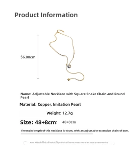 Size chart for the adjustable gold snake chain necklace with pearl and metal bead