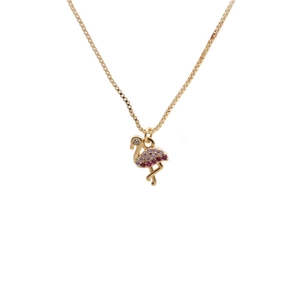 Detail of flamingo pendant with pink and white cubic zirconia on gold box chain