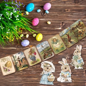 Close-up of vintage Easter banner with paper rabbit cutouts and floral background