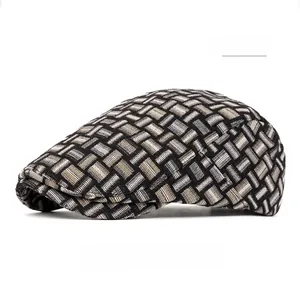 Close-up of retro black and white checkered woven texture on this stylish flat cap
