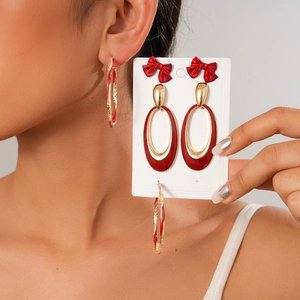 Vintage Red Bowknot And Oval Geometric Alloy Enamel Earrings With 925 Sterling Silver Earring Post For Women Fashion