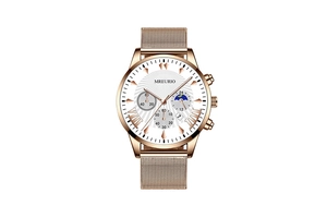 Detail view of rose gold quartz watch with three sub-dials and mesh strap
