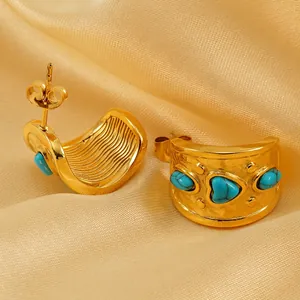 Orecchini A Cerchio A Forma Di C Donna Acciaio Inossidabile Placcato Oro 18K Pietra Turchese A Cuore Trama Martellata Retro