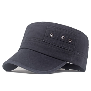 Men's washed black cotton flat top army cap with metal eyelets and adjustable strap