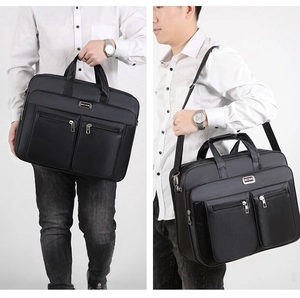 Dual-purpose black business briefcase shown in hand-carry and shoulder-strap styles