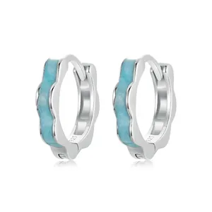 925 Sterling Silver Scalloped Blue Enamel Huggie Hoop Earrings Minimalist Fresh Drip Oil Wave Flower Edge Jewelry For Women
