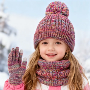 Detail of children's colorful knit winter set featuring touchscreen-compatible gloves