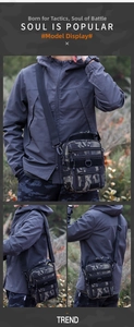 Detail of jungle camouflage tactical crossbody bag with MOLLE system and nylon straps