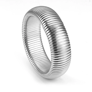 Macro shot of silver Tubogas style stretch bracelet with industrial spiral texture