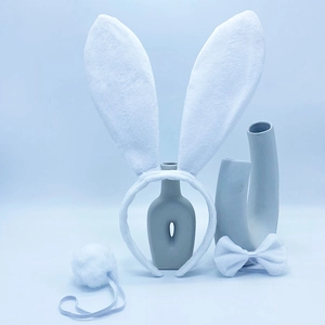 Detailed view of white plush bunny ears headband, fluffy tail, and bow tie costume set