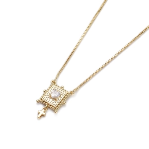 Gold square textured pendant necklace with heart zircon and cross on box chain