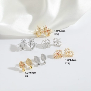 Minimalist leaf and oval stud earrings set with sparkling zircons in gold and silver