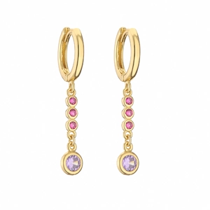 Detail of 18K gold-plated drop earrings featuring pink and purple round cubic zirconia