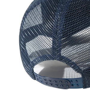 Navy blue trucker hat showing breathable mesh back and adjustable snapback closure