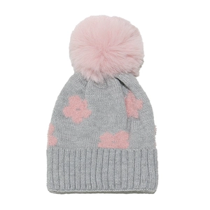 Grey knit winter hat for toddler girls with pink floral accent and faux fur pom pom
