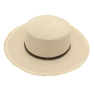 Boater Straw Hat Flat Top Wide Brim Frayed Edge Beaded Band Sunshade Summer Beach Vacation For Women