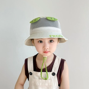 Cute frog themed mesh breathable sun hat for kids with adjustable chin strap