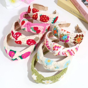 Floral crochet knit headband collection with strawberry and daisy embroidery patterns
