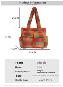 Detailed size chart of the large plaid fleece tote bag with precise measurements