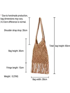 Brown handmade woven hollow mesh beach bag with long fringe tassels and size measurements