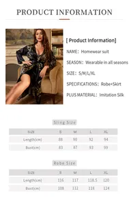 Detailed size chart for floral imitation silk robe and skirt homewear set, sizes S to XL
