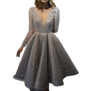 Short V-neck long sleeve sequin party dress with flared mesh skirt in dusty grey violet
