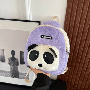 Cute panda plush toddler backpack in purple and white with a soft furry texture