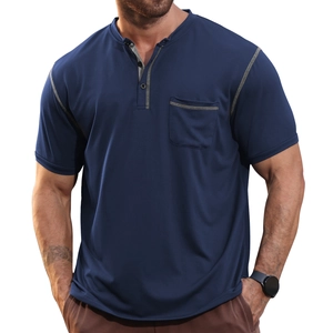 Men's dark blue short sleeve Henley shirt with chest pocket and contrast grey stitching