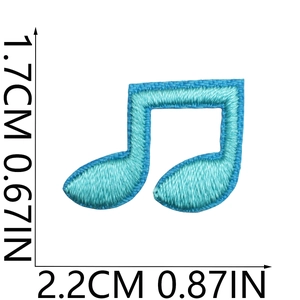 Detail view of light blue musical note embroidery patch with dimensions 2.2cm by 1.7cm
