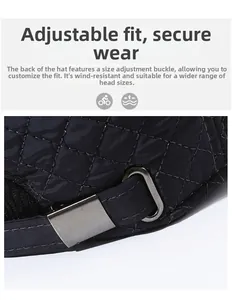Detail of adjustable metal buckle and quilted stitching on men winter baseball cap