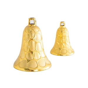 Two golden festive decorative bells with textured finish on a clean white background