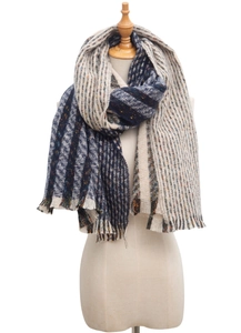 Detailed view of navy blue and beige striped knit scarf with houndstooth patterns and fringes