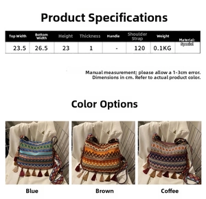 Detailed size chart for bohemian crossbody bag with tassel and geometric embroidery