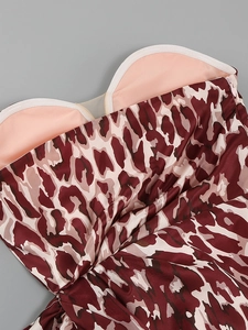 Detail view of leopard print satin dress with built-in cups and side invisible zipper