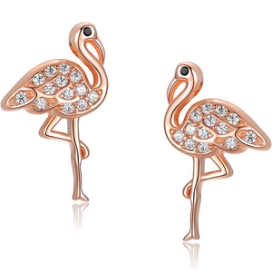 Elegant rose gold flamingo stud earrings with sparkling white crystals and black stone eyes