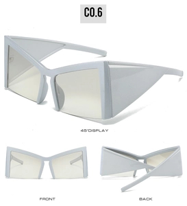 Three-view display showing the butterfly geometric frame and 45-degree angle of sunglasses
