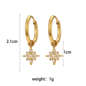 Detail view of 18K gold plated hoop earrings with zircon star pendant and dimensions