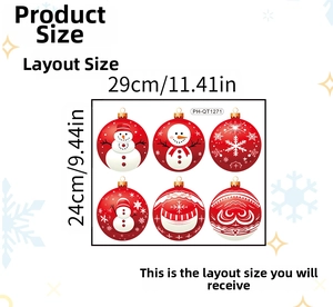 Size chart for Christmas ball window stickers showing dimensions 29cm by 24cm layout