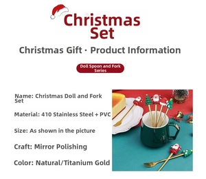 Close-up of stainless steel Christmas spoon set with PVC figurines and mirror finish